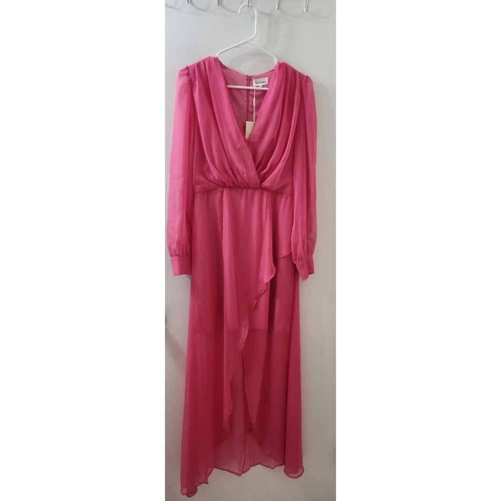 Modesees Women Hot Pink Chiffon Long‎ Sleeve V-Neck High-Low Maxi Dress Size M